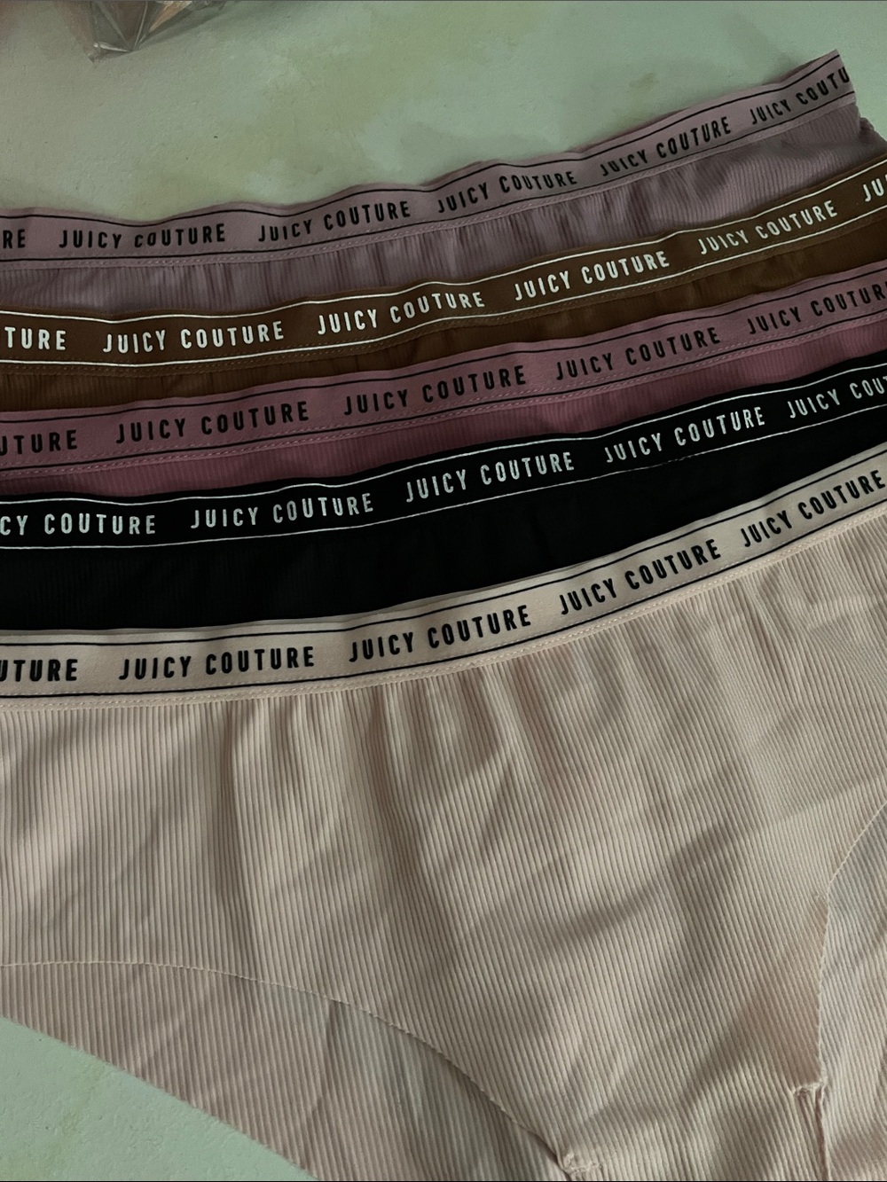 Juicy Couture Ribbed Bikini Panties Set in Blush, Mauve, Brown, Black and Pink